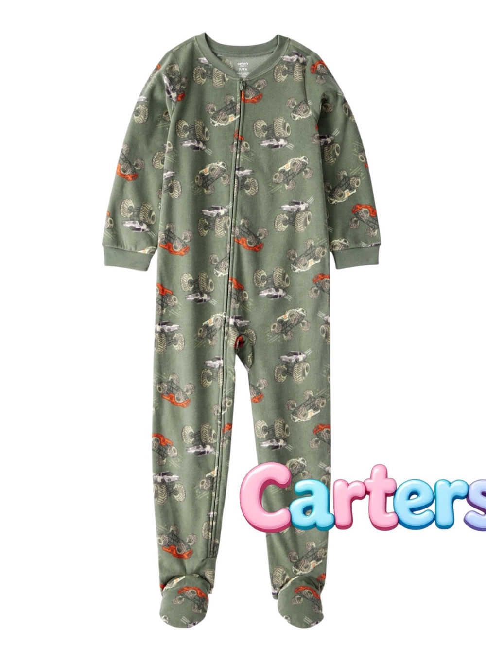 Carter's Olive Green Monster Truck Footed One-Piece Pajama
